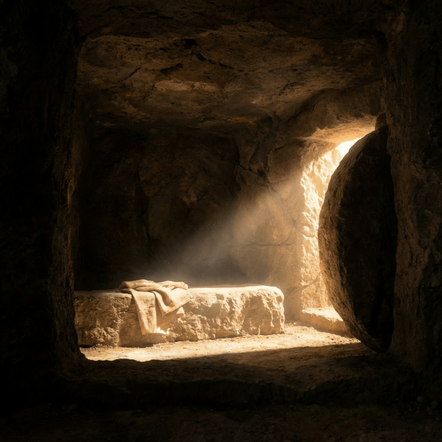 A beam of light illuminates folded linen inside an empty ancient stone tomb.